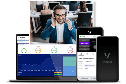 compilation of images, including a contact center agent, a screenshot of vonage contact center on a desktop and mobile device, and the vonage logo
