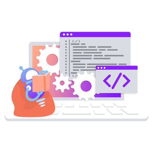 Illustration of a robot reading a book. Beside the robot are icons representing data, search functions, etc. as part of a knowledge base. 