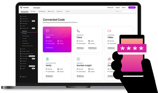 laptop showing vonage API developer center screenshot with illustration of a hand holding a smartphone with a verify icon over it