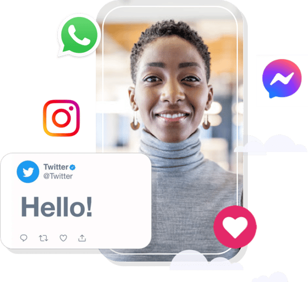 Image of woman on a screen with WhatsApp, Instagram, Twitter, Facebook social channel logos surrounding her