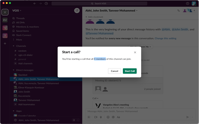 Image of the "start a call" modal to start a VBC call from Slack.