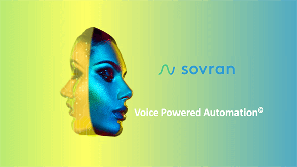 Sovran Partner Imagery Image of two-faced woman speaking the words Voice Powered Automation